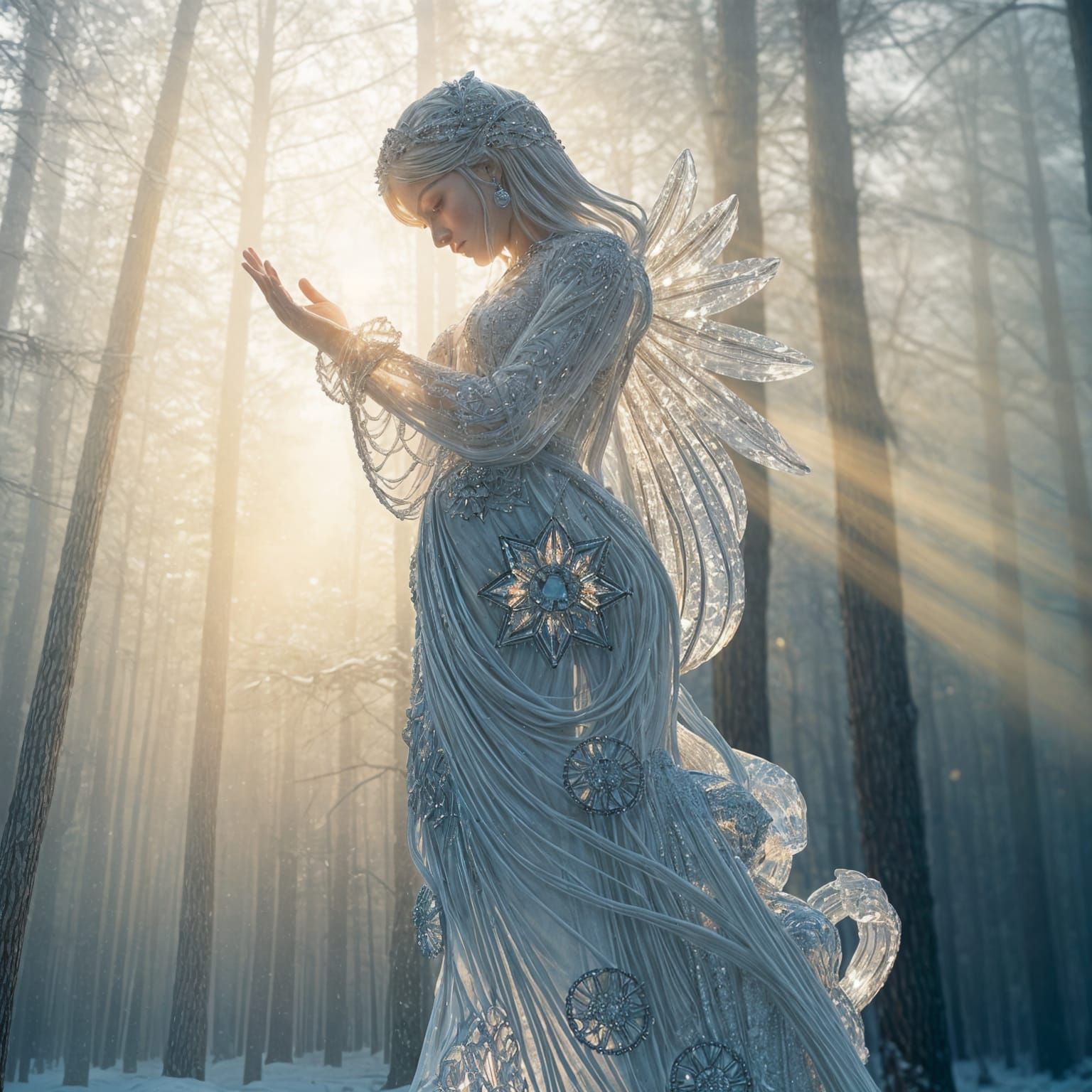 Hyperrealistic Crystal Woman Statue in Snowy Forest