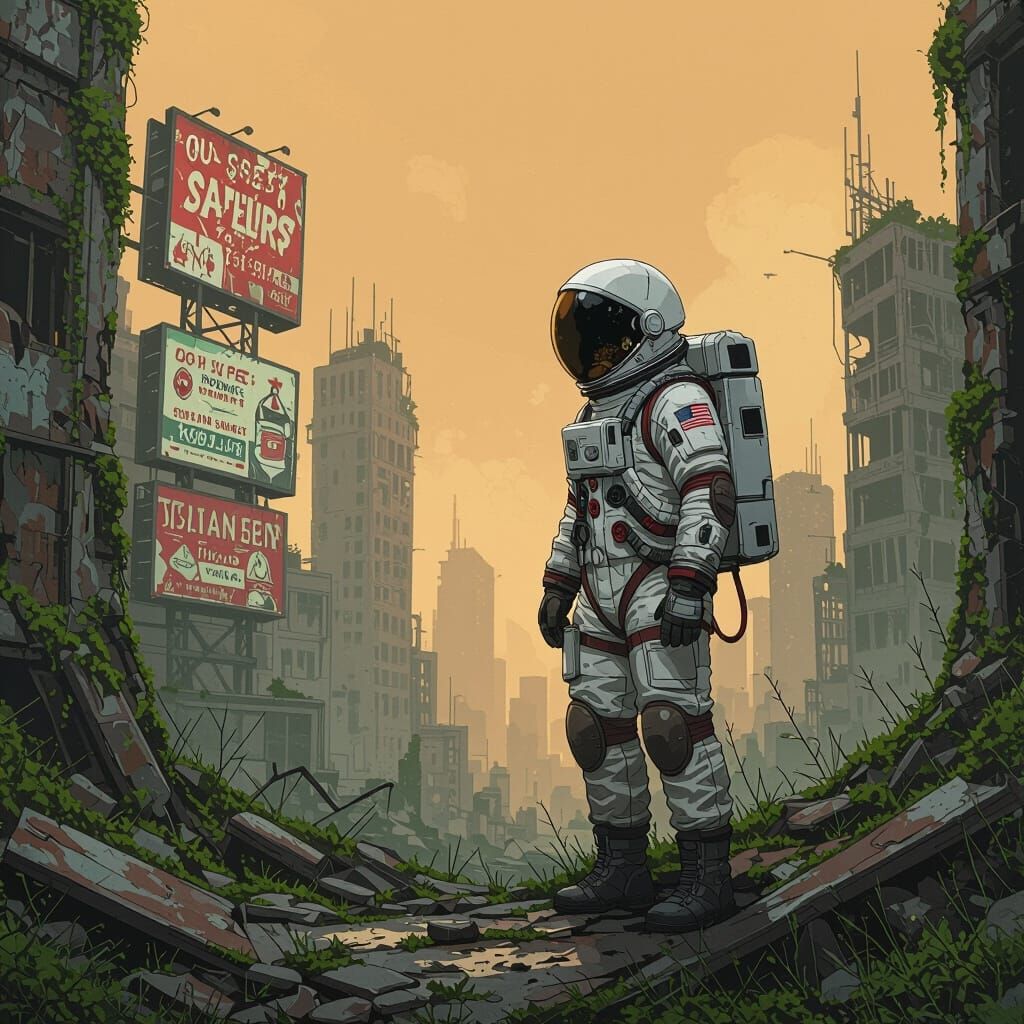 Astronaut in Ruined City Under Orange Hazy Sky