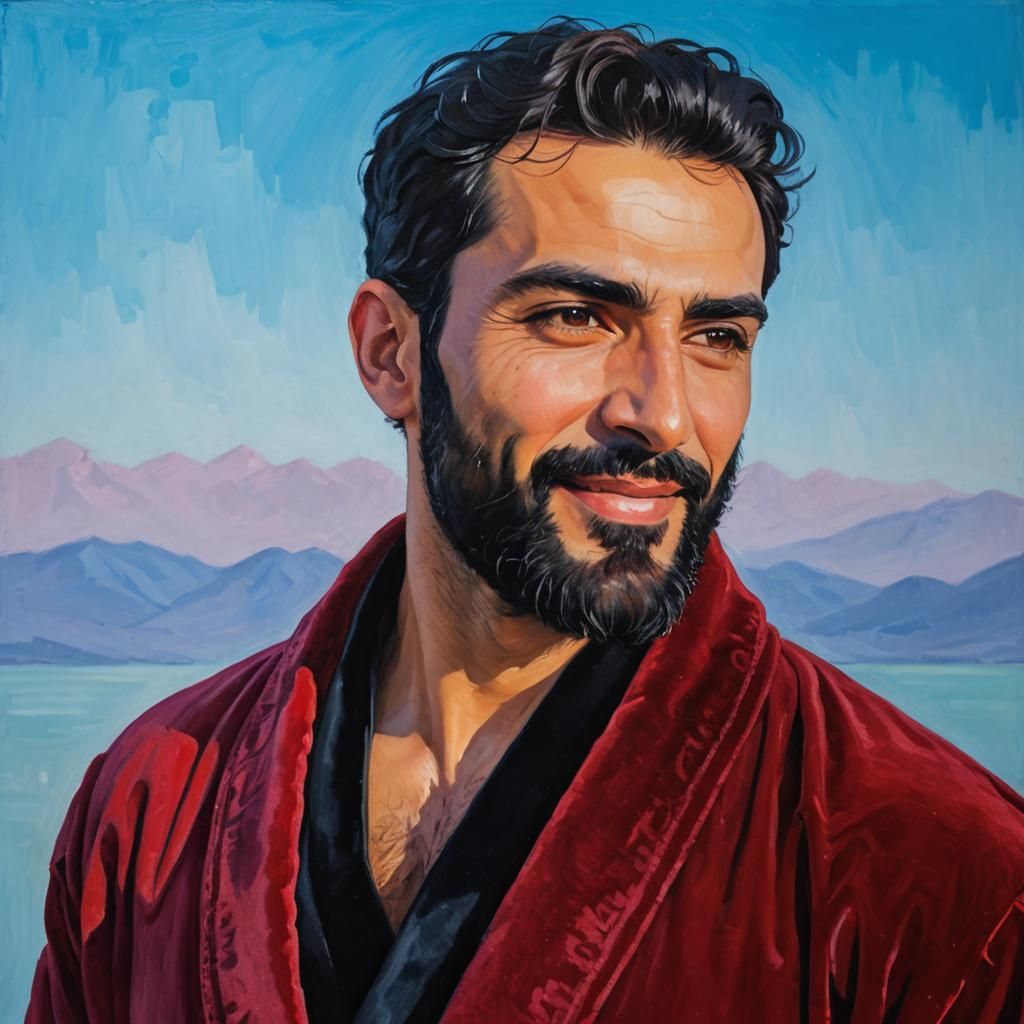 Iranian Man in Velvet Robe: Neo-Impressionist Oil Painting