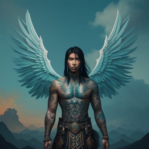 Dark Fantasy Angel with Tribal Tattoos in Teal Clouds