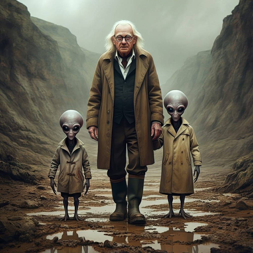 Elderly Explorer Surrounded by Mysterious Aliens in a Moody....