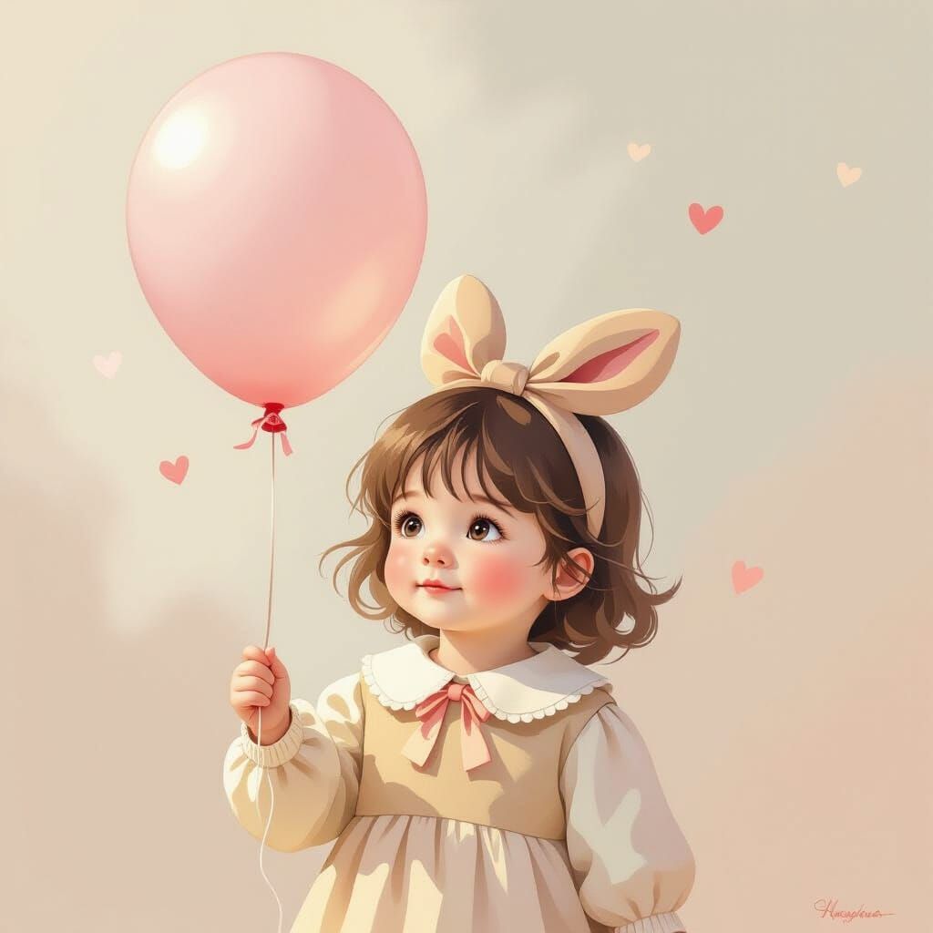 Cute Child Holding Balloon in Pastel Dreamscape
