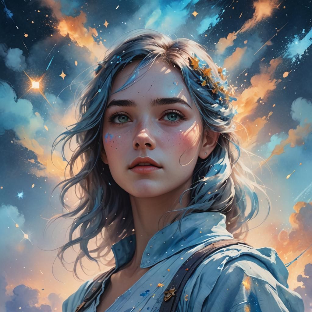 Girl Paints Sky with Watercolor: Fantasy Concept Art