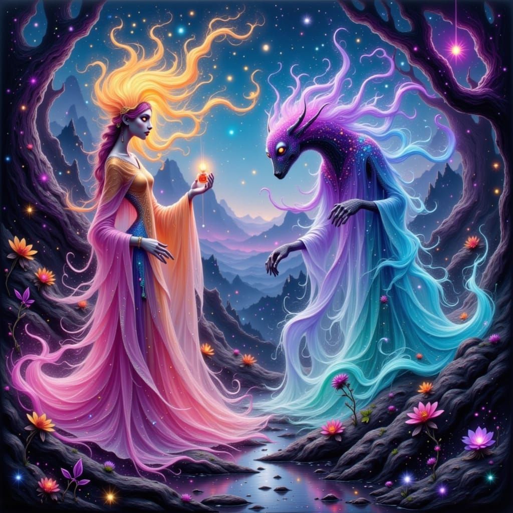 Luminous Creatures in a Mystical Biomechanical Realm