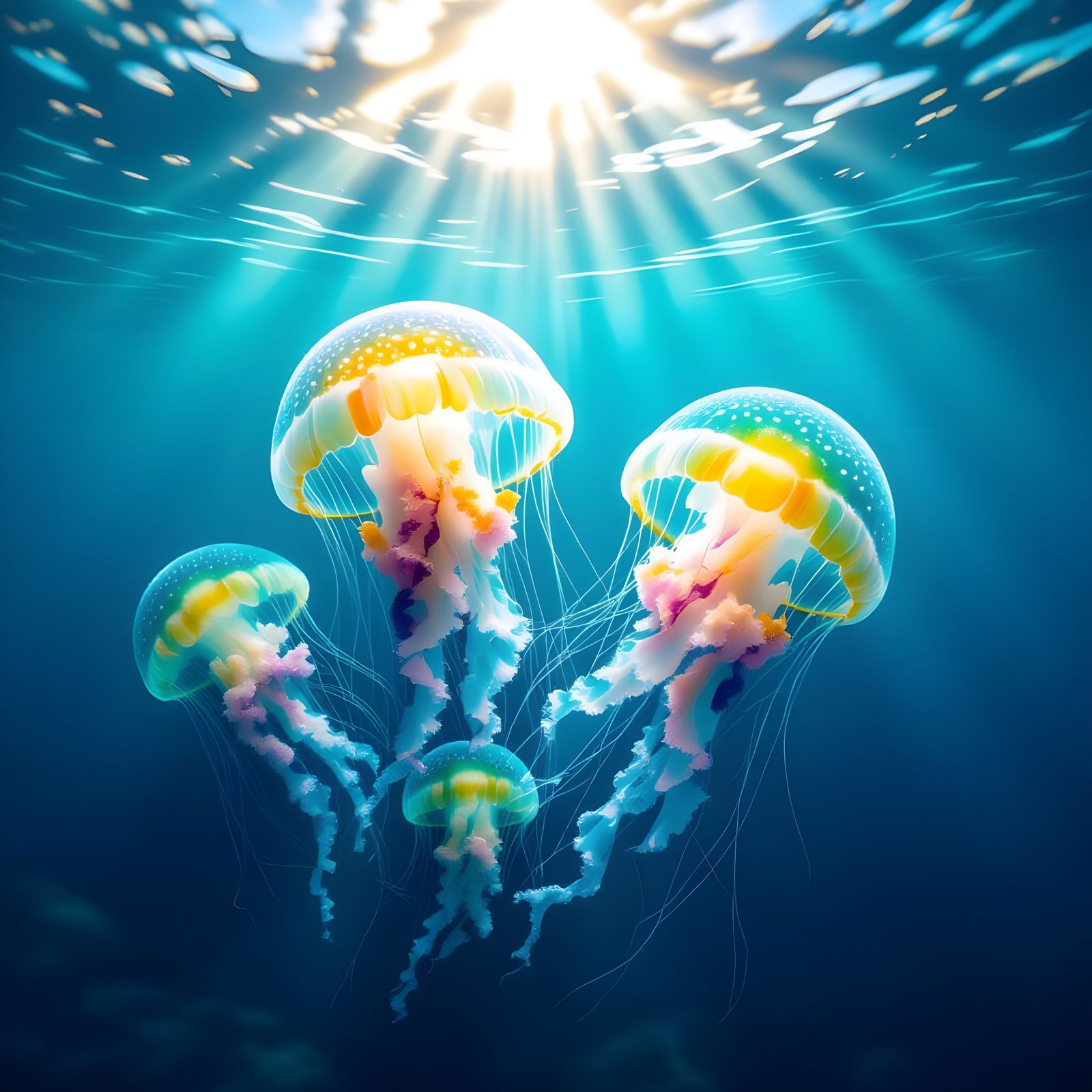 Glowing Jellyfish Dance in Sunlit Sea