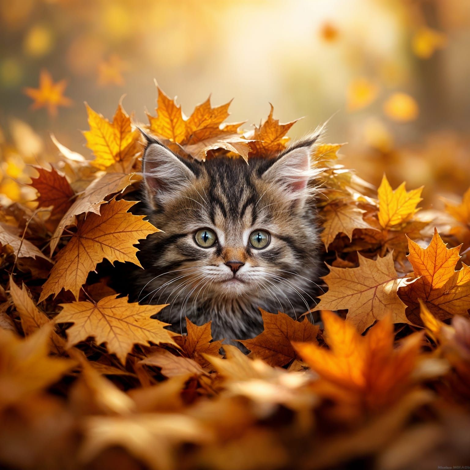Fluffy Kitten Peeking From Autumn Leaves in Soft Light