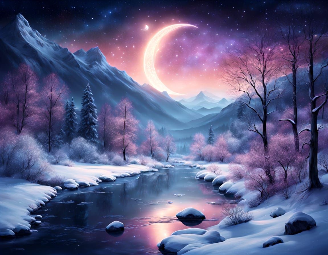 Magical Winter Night Landscape with Cosmic Sky