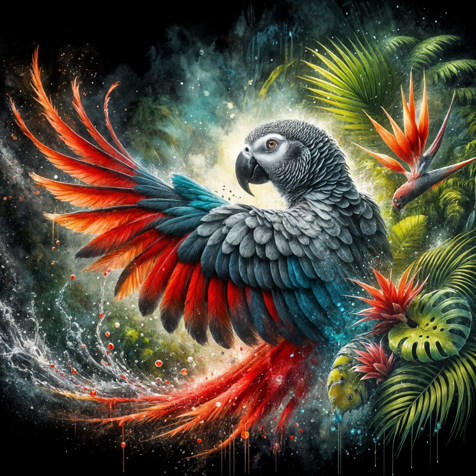 Vibrant Congo African Grey Parrot in Rainforest Dance