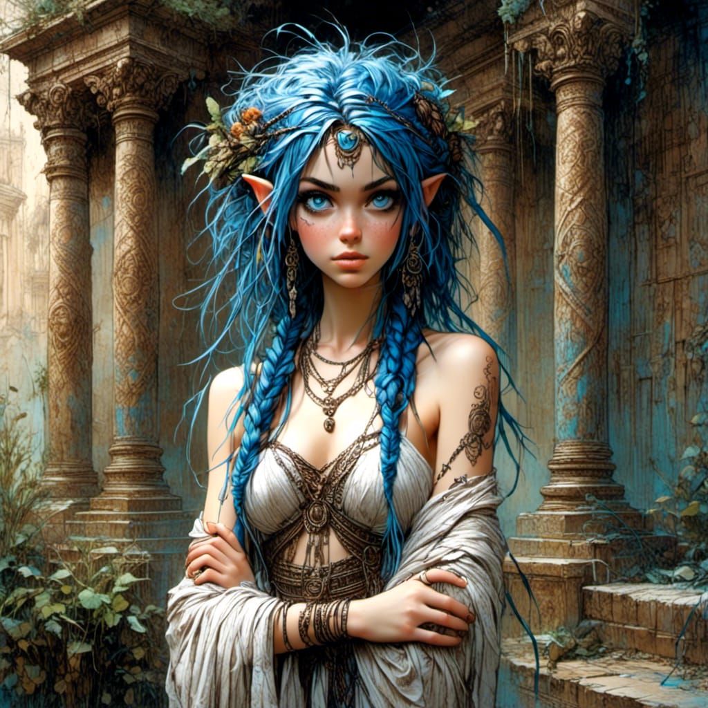 Roman Priestess with Blue Hair, Fantasy Art