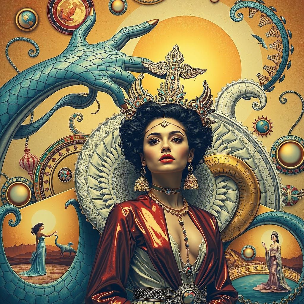 Elegant Woman Posing in Surreal Maximalist Setting