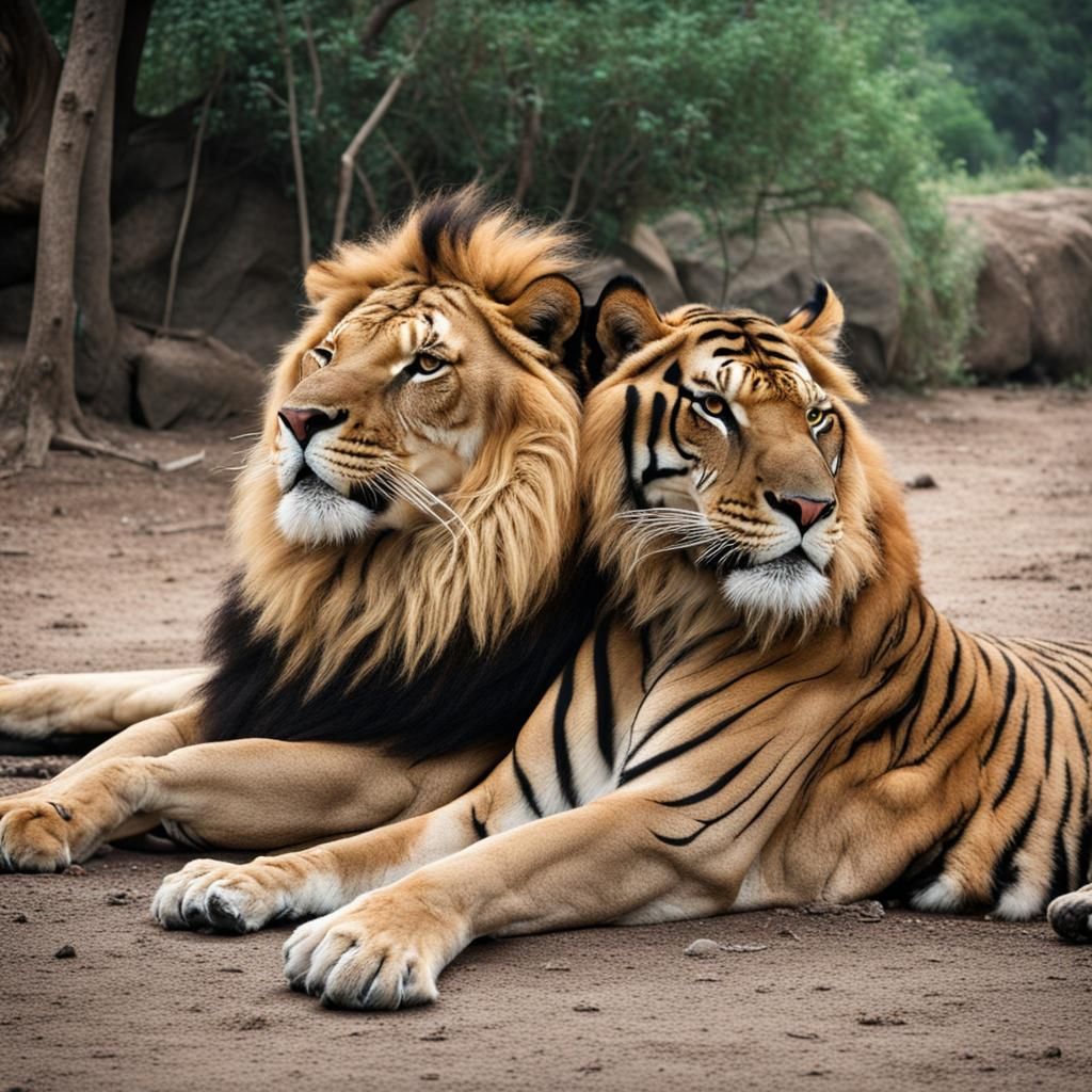 Majestic Lion and Tiger Portrait in One Frame