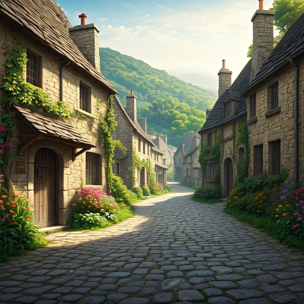 Golden Whimsy Village Under a Soft Cerulean Sky