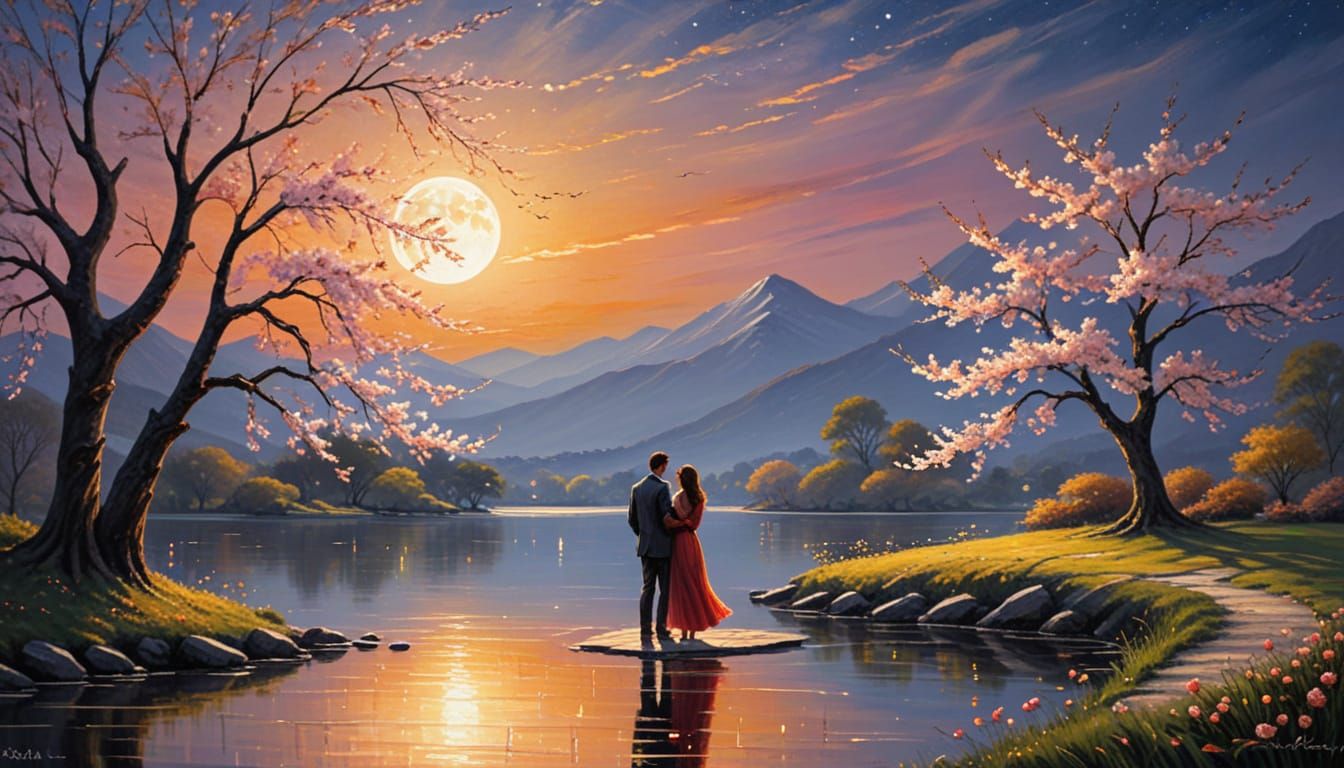 Romantic Lakeside Scene with Lovers in Golden Light