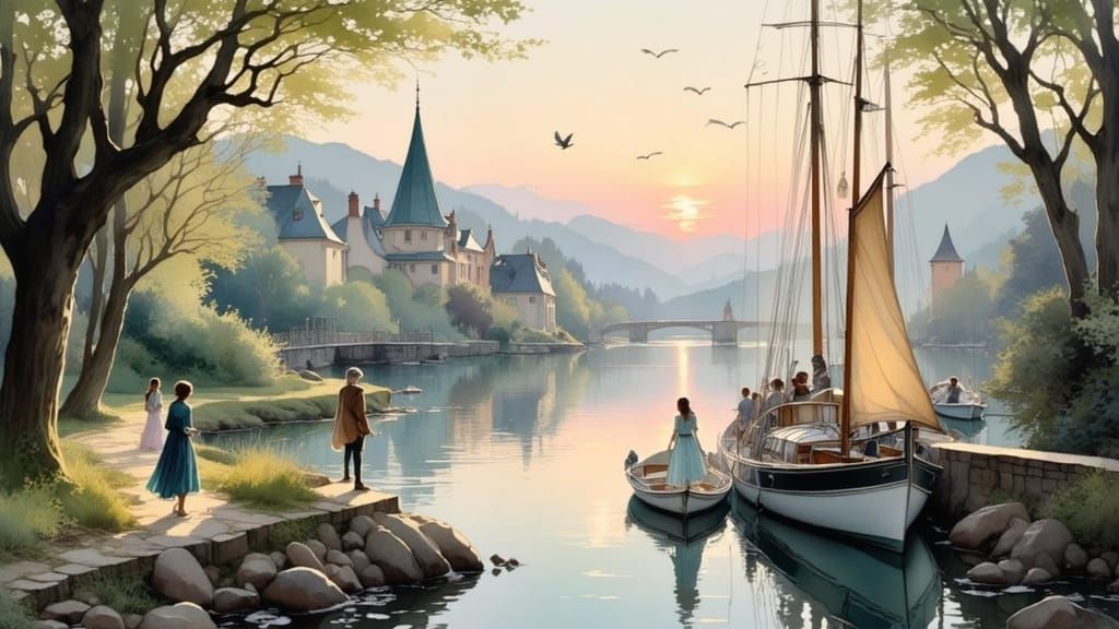 Whimsical Harbor Scene in Art Nouveau Watercolor Style