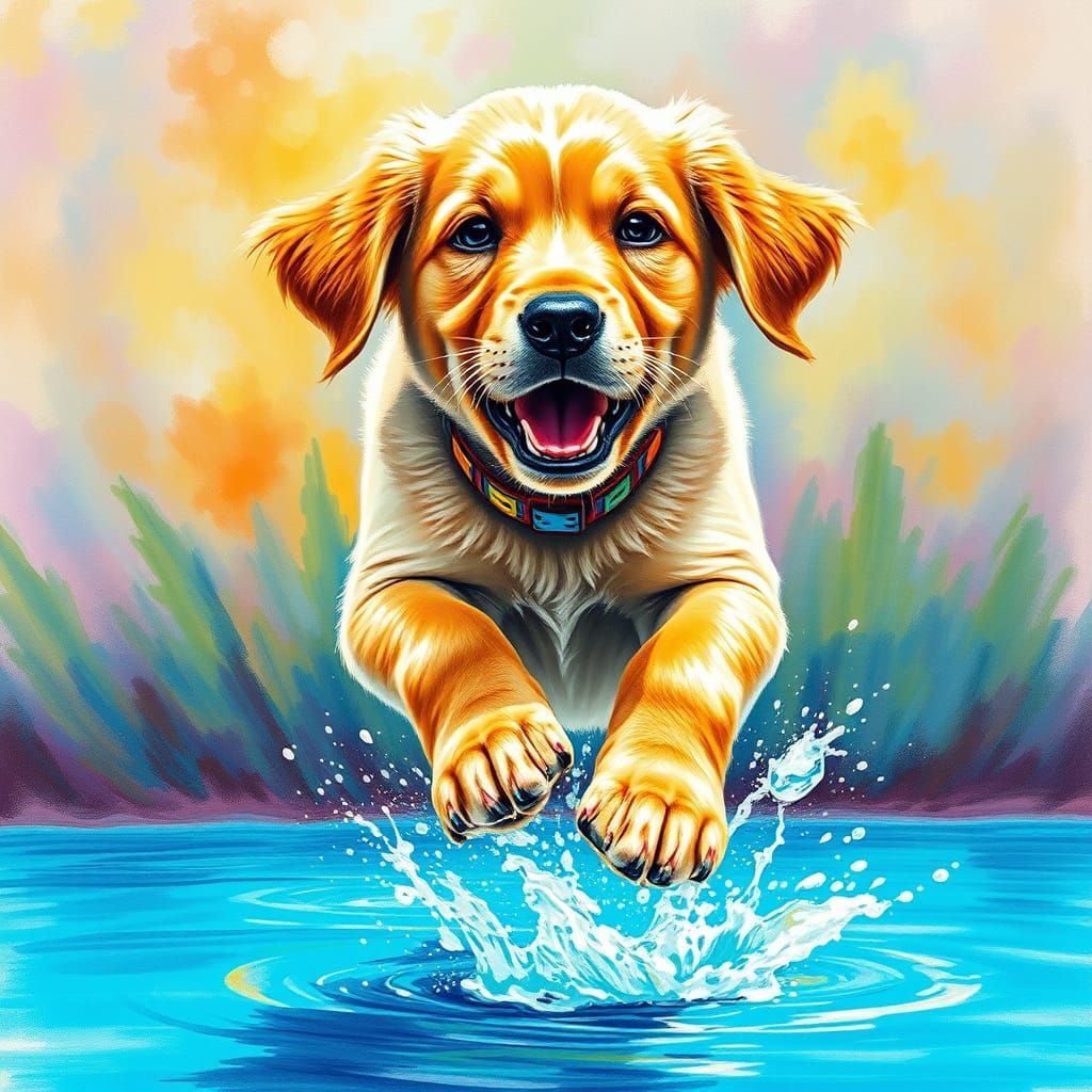 Golden Retriever Puppy Leaps into Turquoise Pool