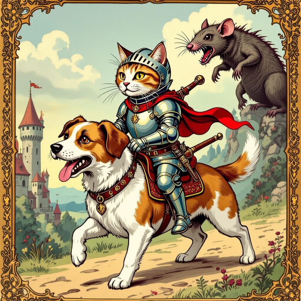 Cat Knight on Dog in Medieval Fantasy Land