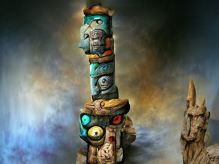 Ancient Gods Totem Pole in Mixed Media Style