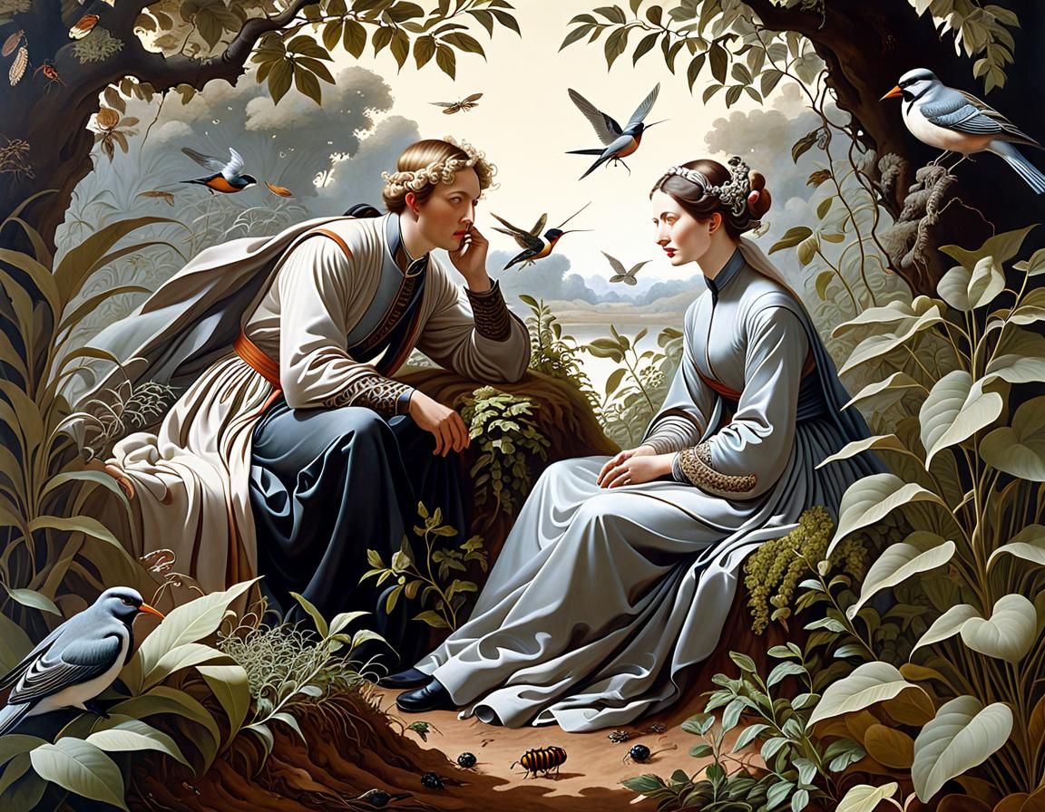 Hyperrealistic Couple Contemplates Thriving Riverbank