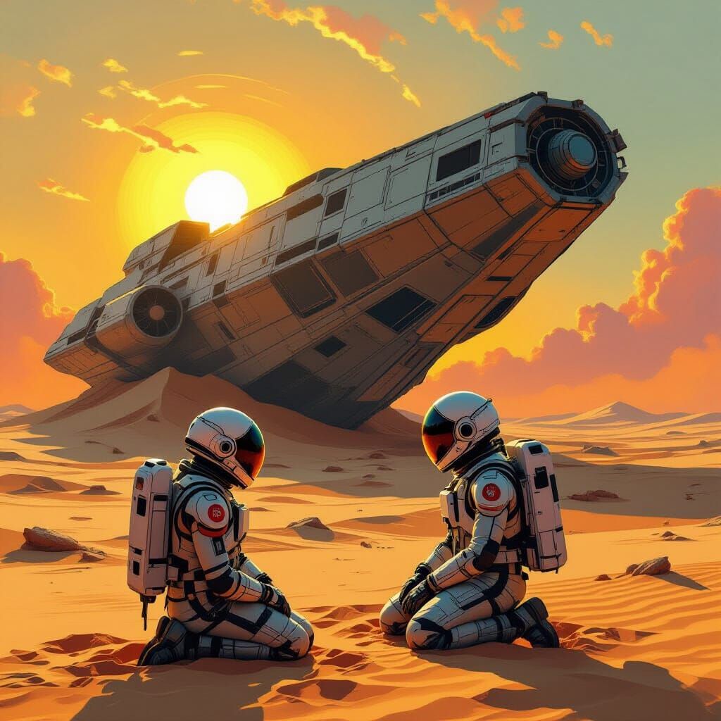 Astronaut Discovers Ancient Spaceship Under Binary Sunset