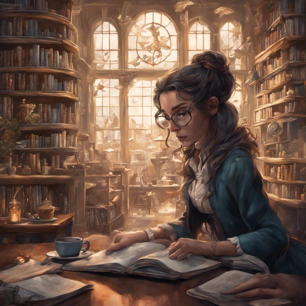 Librarian and Emerging Cafe Scene in Detailed Painting