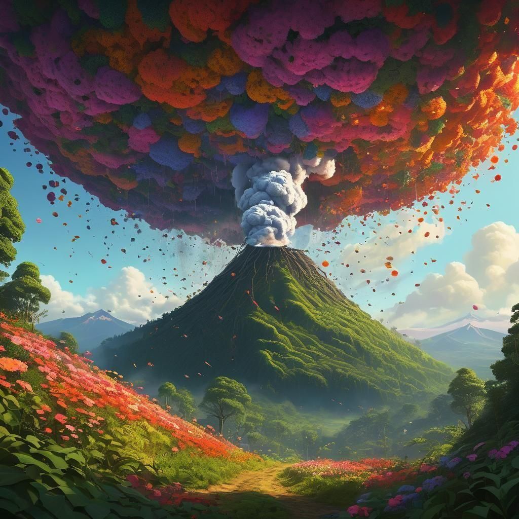 Photorealistic Volcano Erupting Flowers in Lush Forest