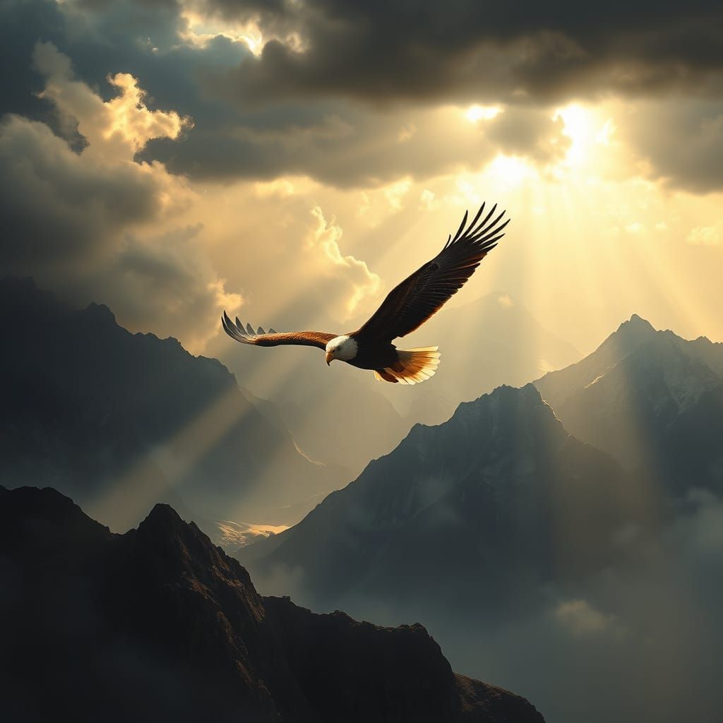 Majestic Eagle Soars Through Stormy Skies Over Mountains