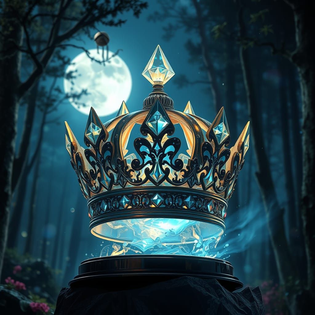 Crystal Crown in Enchanted Forest, Hyperrealistic