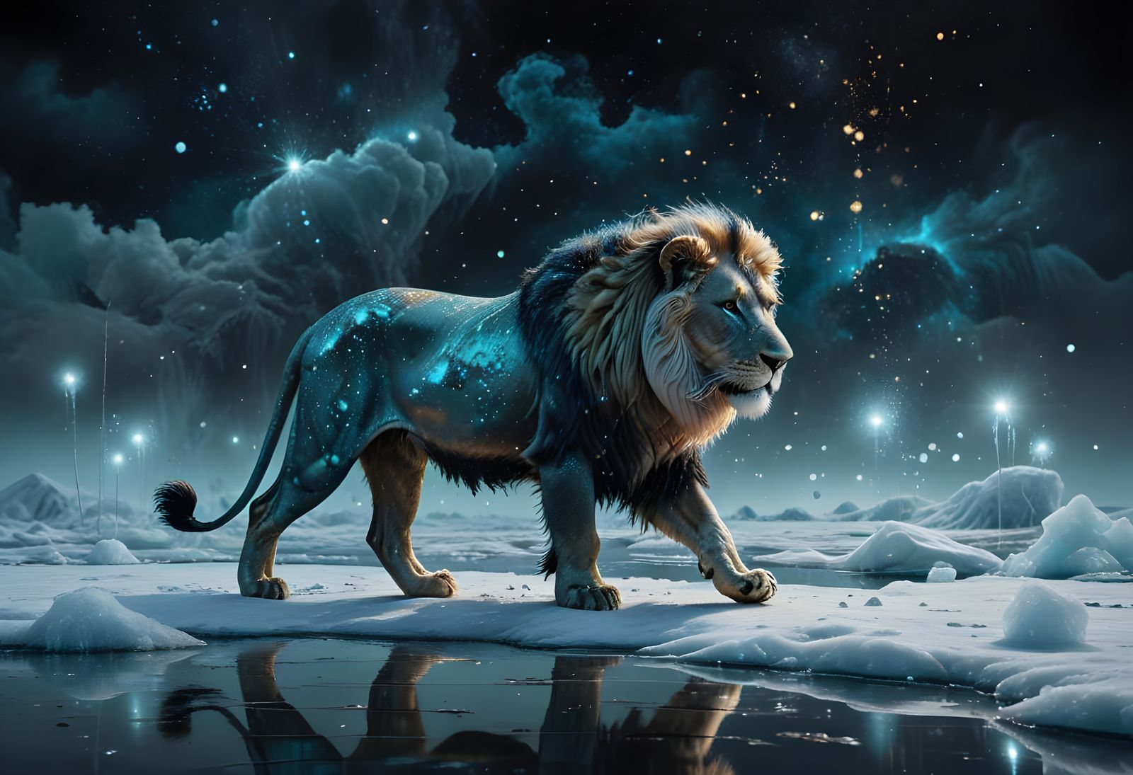 Majestic Lion on Snowy Ice Floe in Chiaroscuro