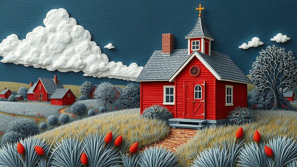 Charming Red Schoolhouse in Impressionistic Mixed Media