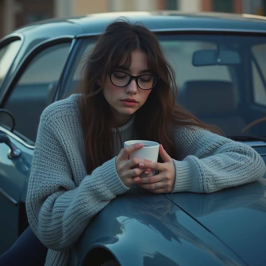 Relaxed Girl Leans Against Metallic Blue BMW