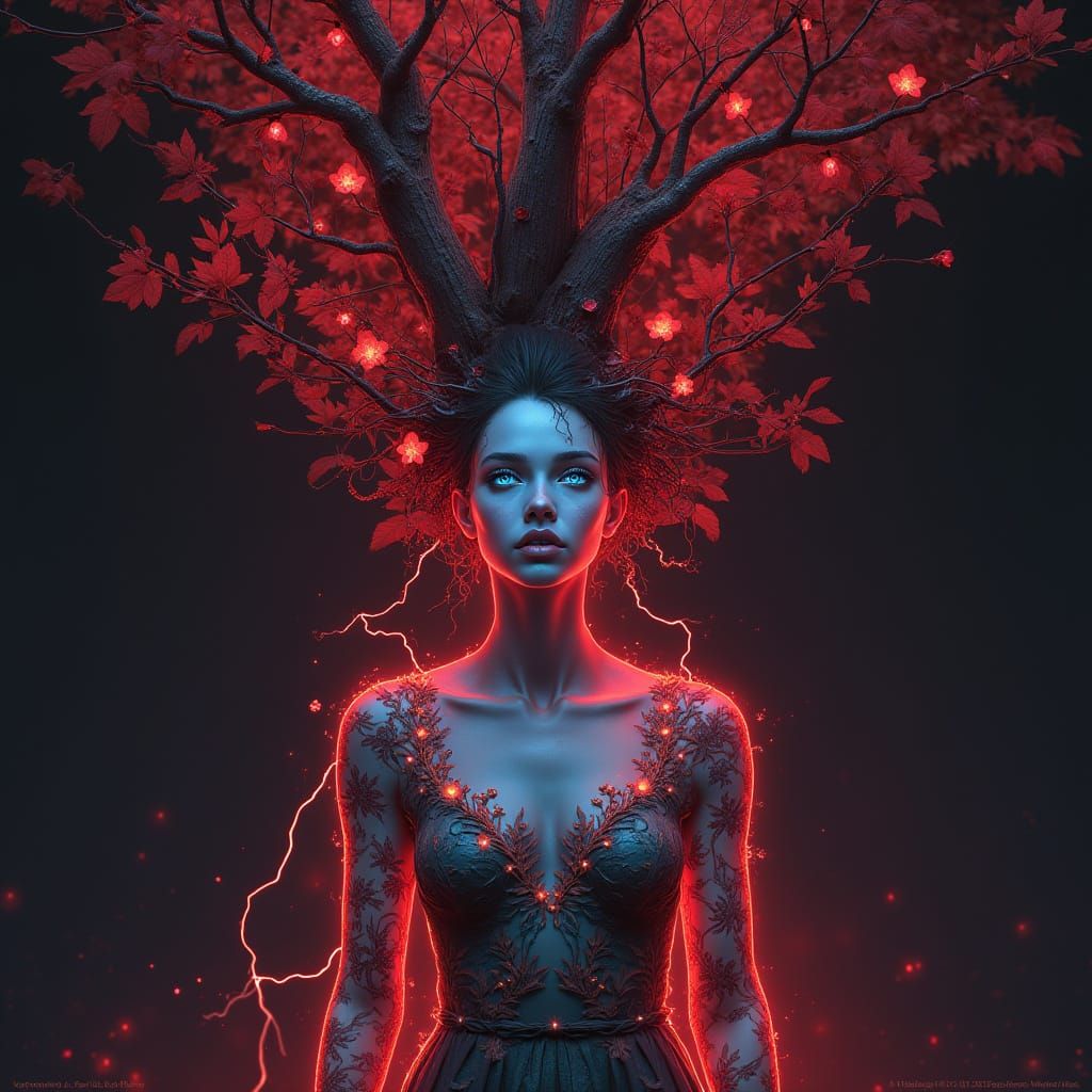 Surreal Forest Woman with Piercing Blue Eyes