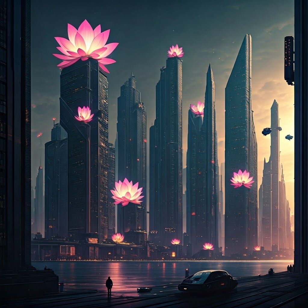 Cyberpunk Cityscape with Lotus Flower Motifs and Neon Petals