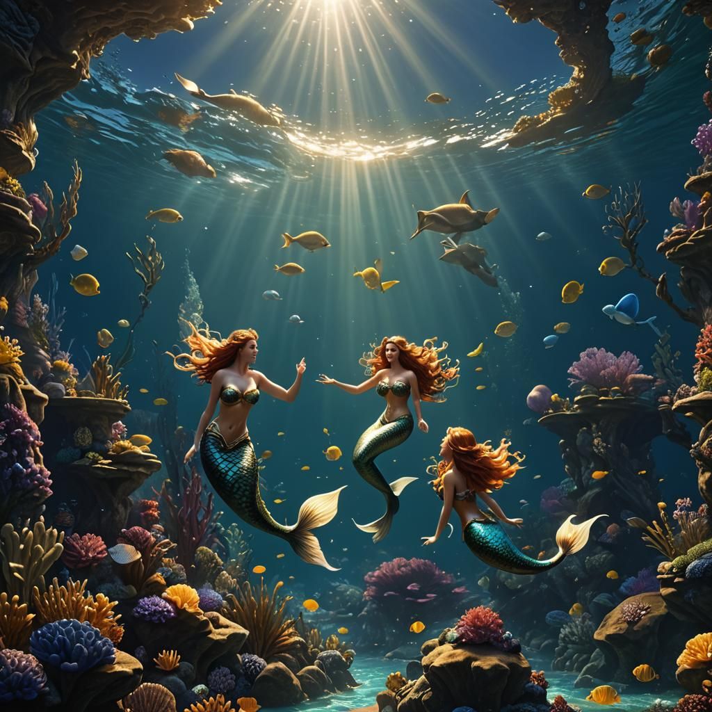 Mermaid Family in Sunlit Ocean: Fantasy Concept Art