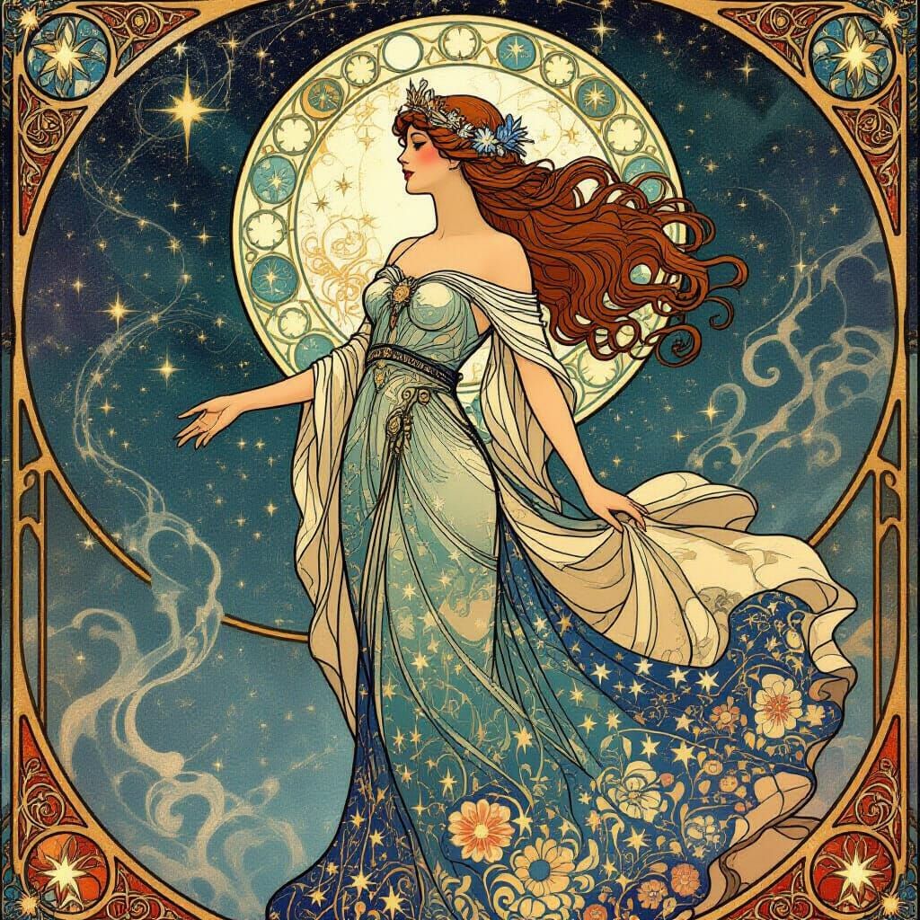 Regal Woman in Celestial Nebula, Art Nouveau Style