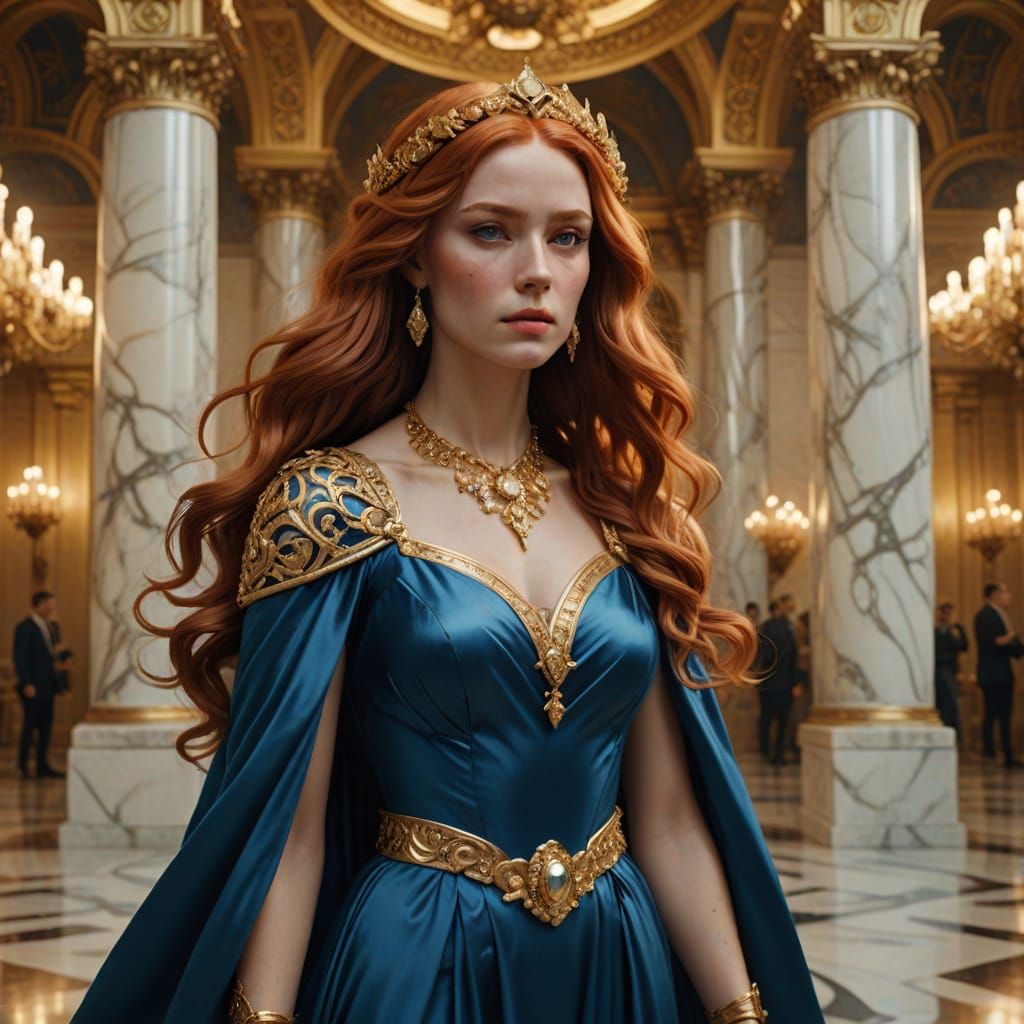 Red-Haired Woman in Blue Gown in Marble Hall