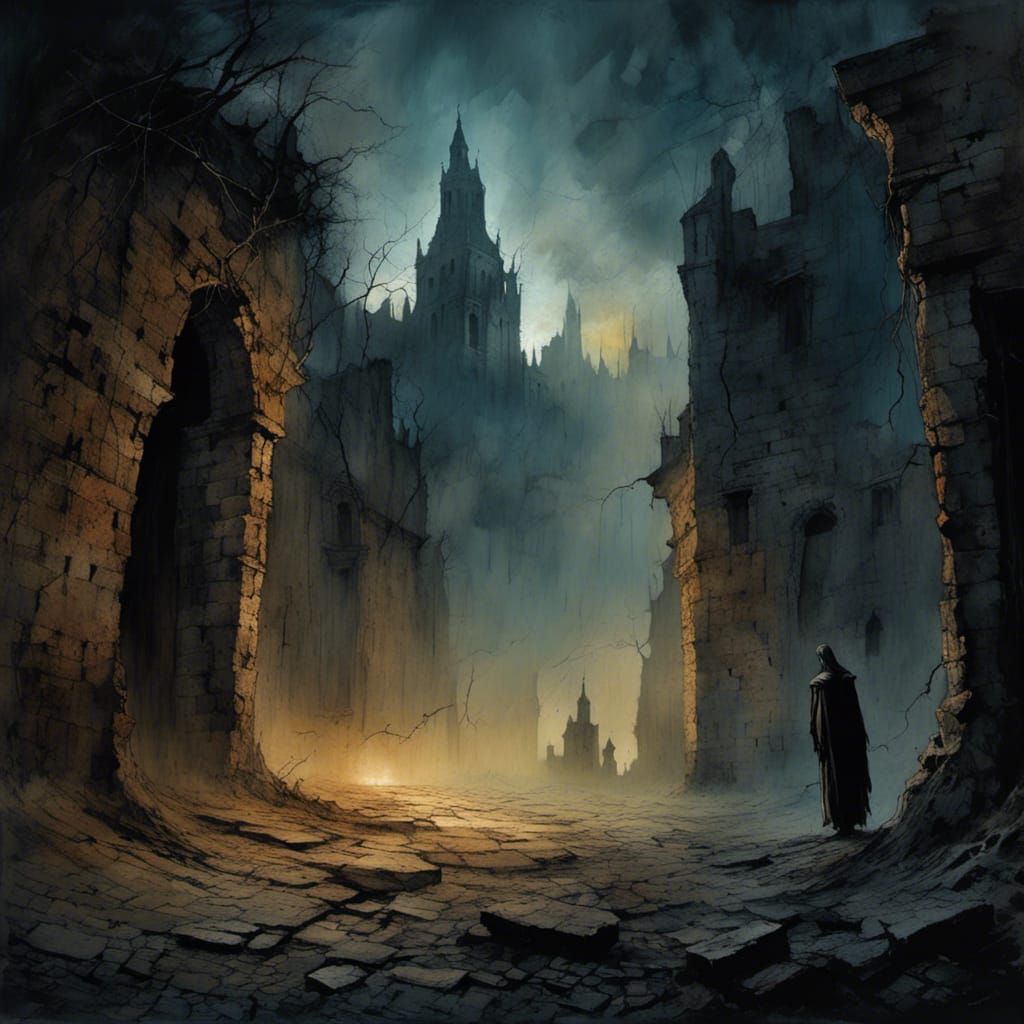 Mystical Gothic Street with Whispers, Beksiński Style
