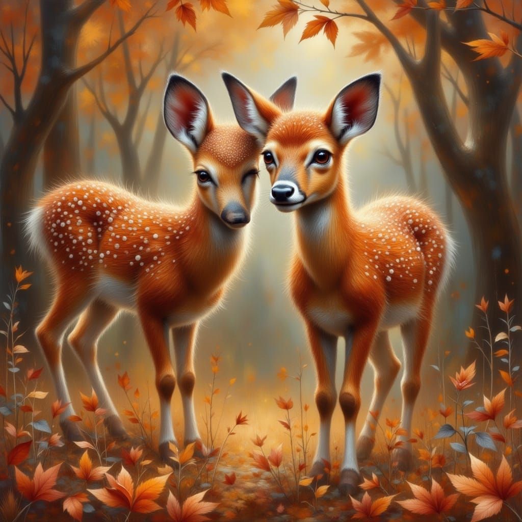 Two Red Fawns in Autumn Forest, Brushed Oils Style