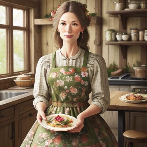 Folk Art: Woman with Plate in Floral Dress