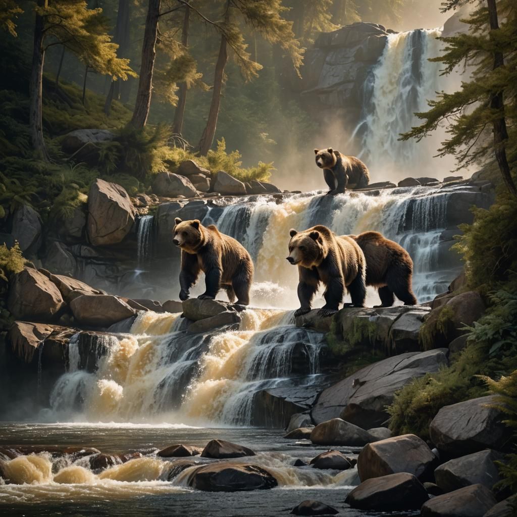 Grizzly Bears Climb Waterfall in Golden Light