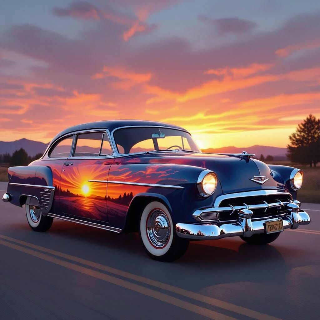 Airbrushed Sunset Adorns Classic Electric Car