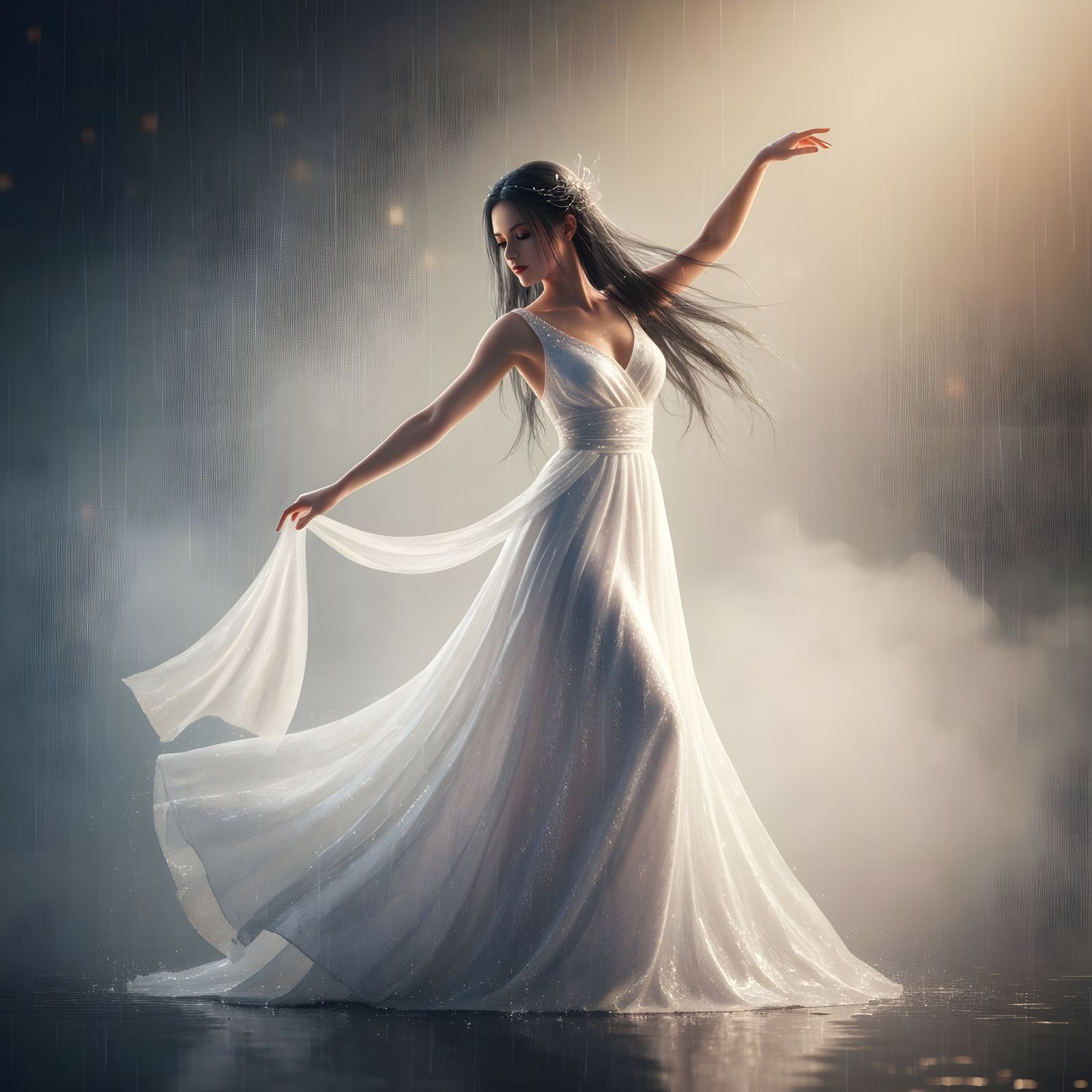 Ethereal Woman Dancing in Summer Rain