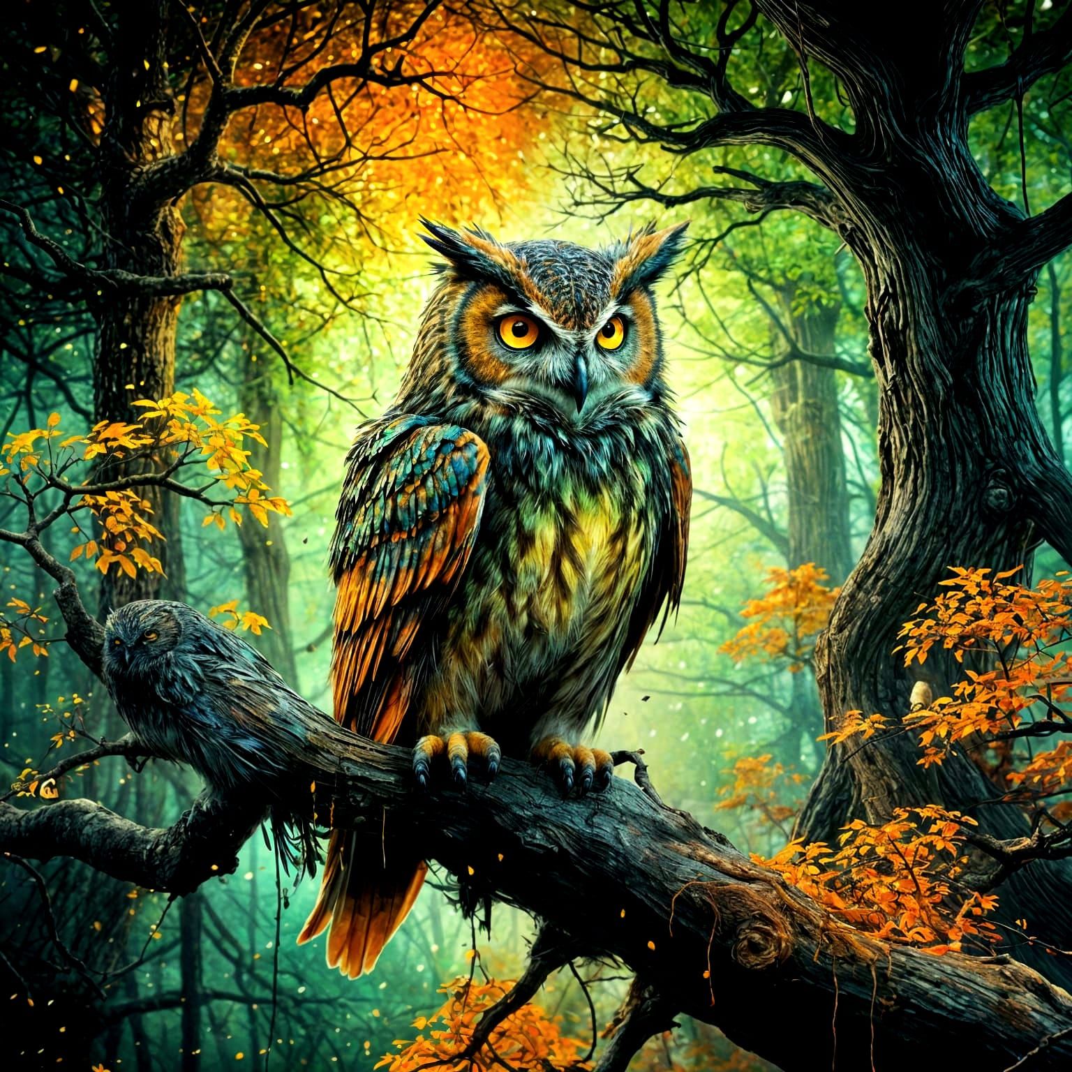 Neon Owl in Enchanted Forest Silk Painting