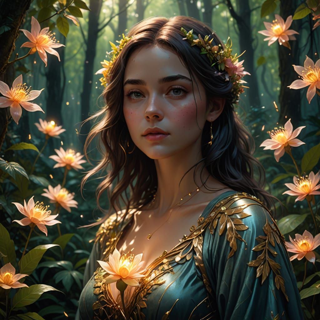 Ethereal Forest Goddess Among Glowing Magical Blooms in Hype...