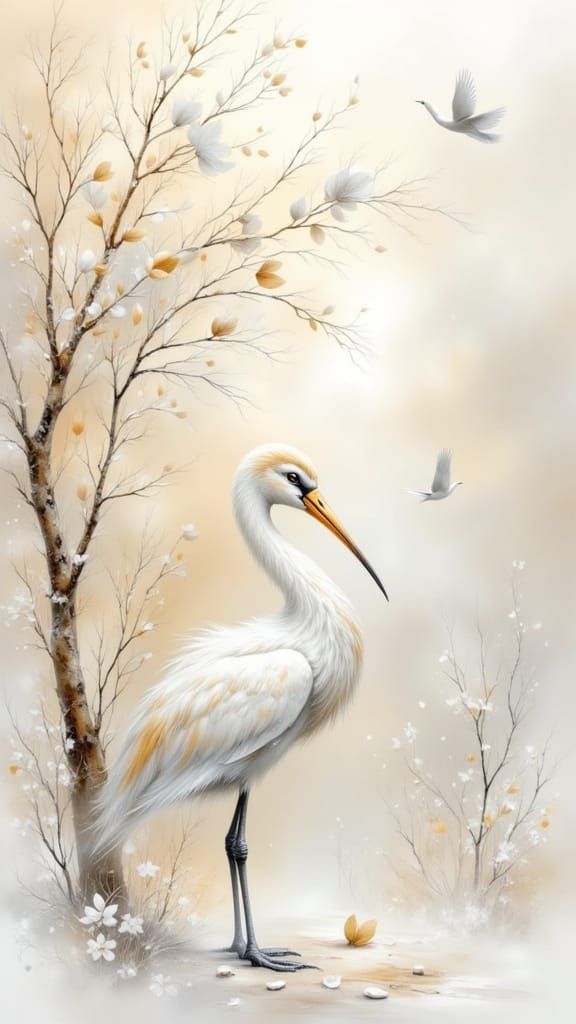 Elegant Gold and White Stork in Misty Landscape