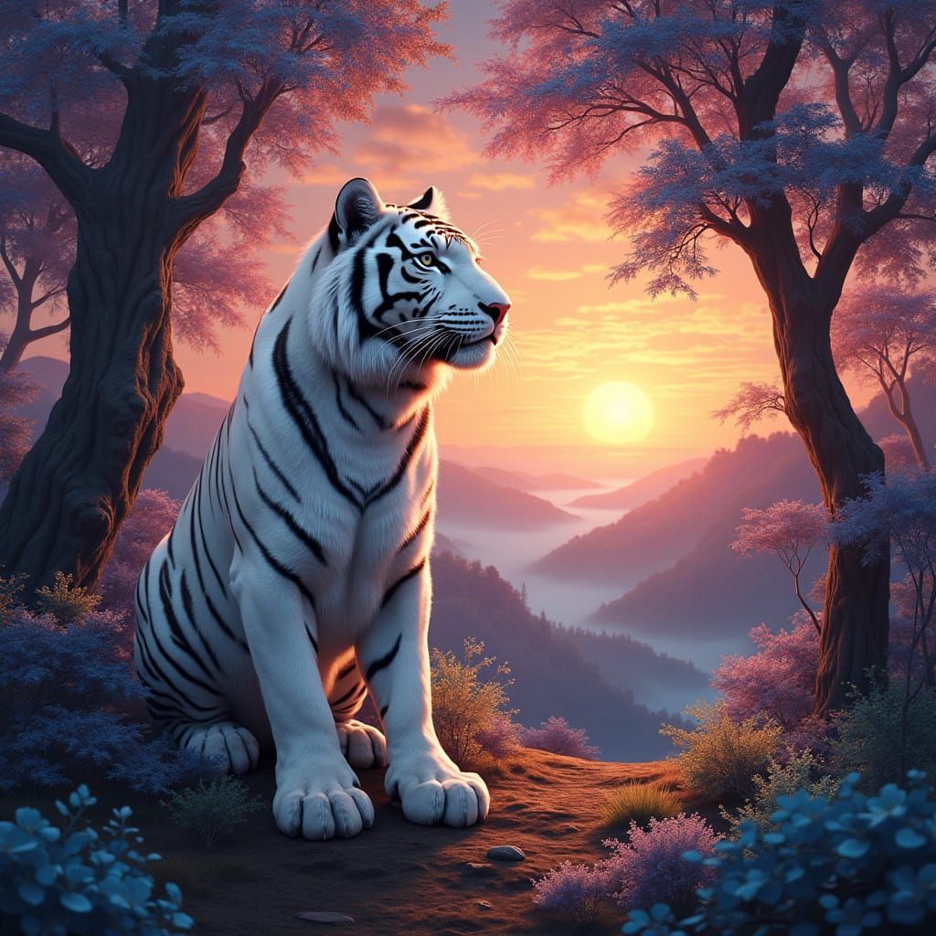 Majestic White Tiger Amidst Iridescent Trees in Fantasy Land...