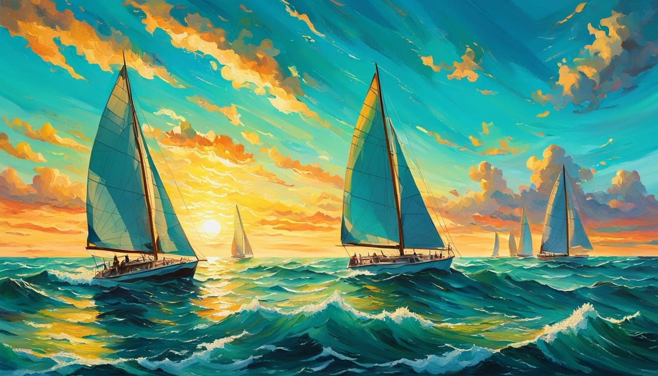 Sailboats Navigating Turquoise Ocean in Oil Painting