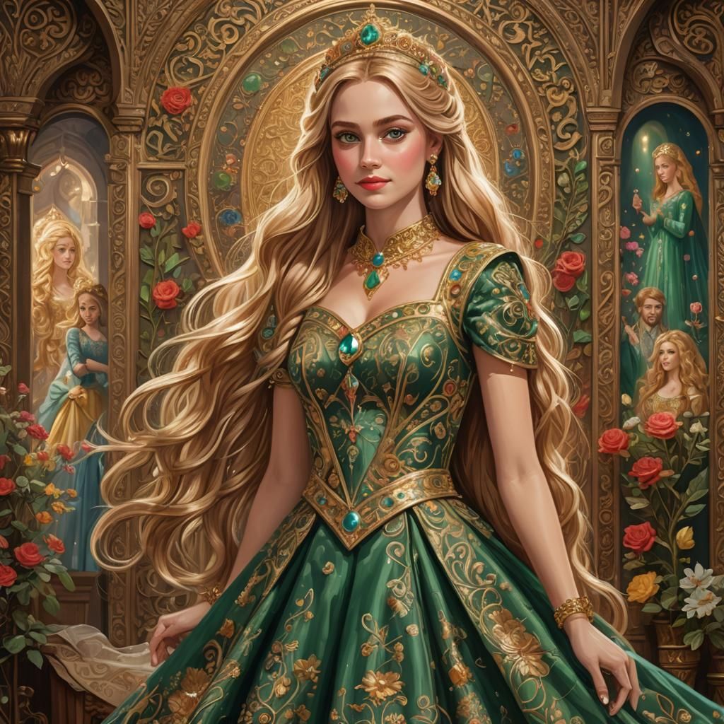 a very beautiful and smiling princess with big green eyes and long golden hair and a beautiful long dress decorated with...