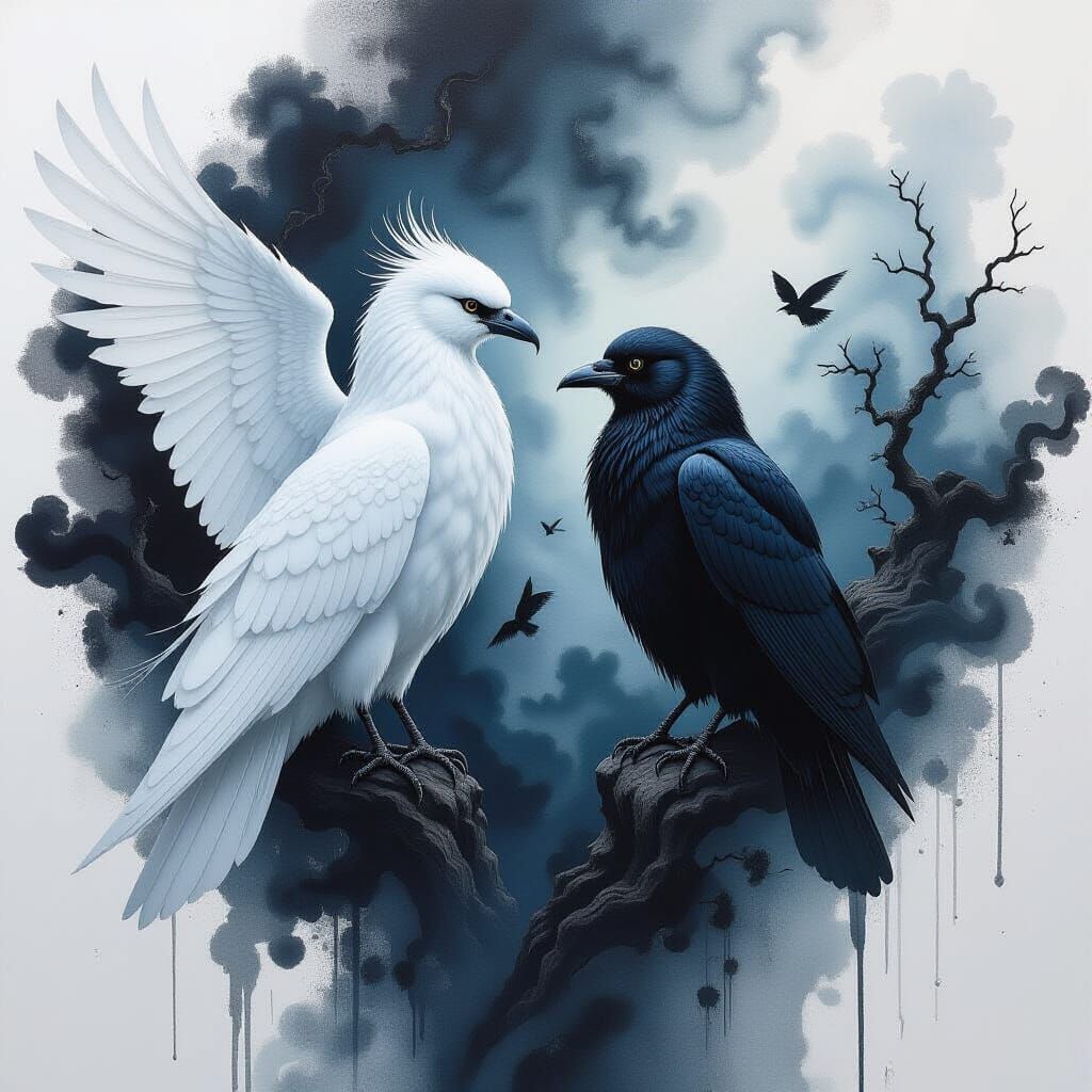 Contrasting Birds in Impressionist Gouache Painting