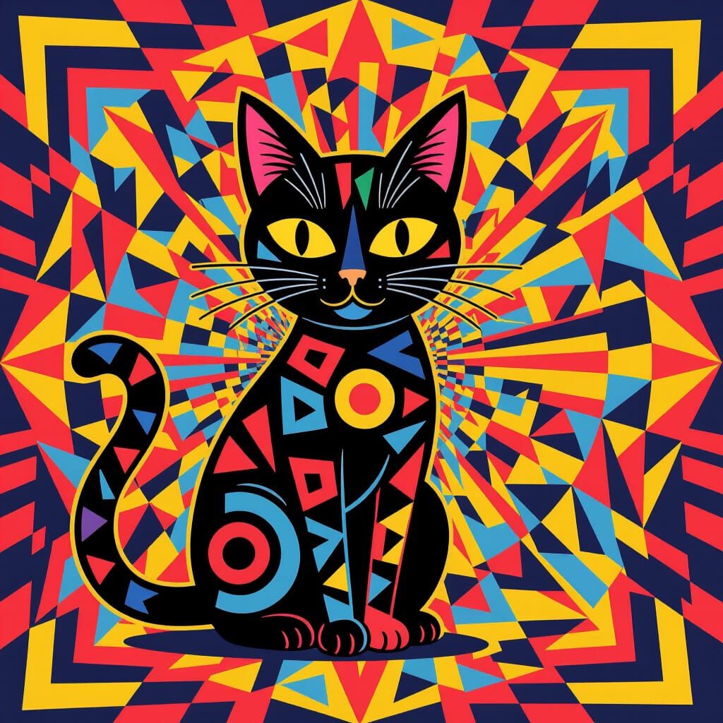 Kaleidoscopic Black Cat Portrait in Geometric Abstraction