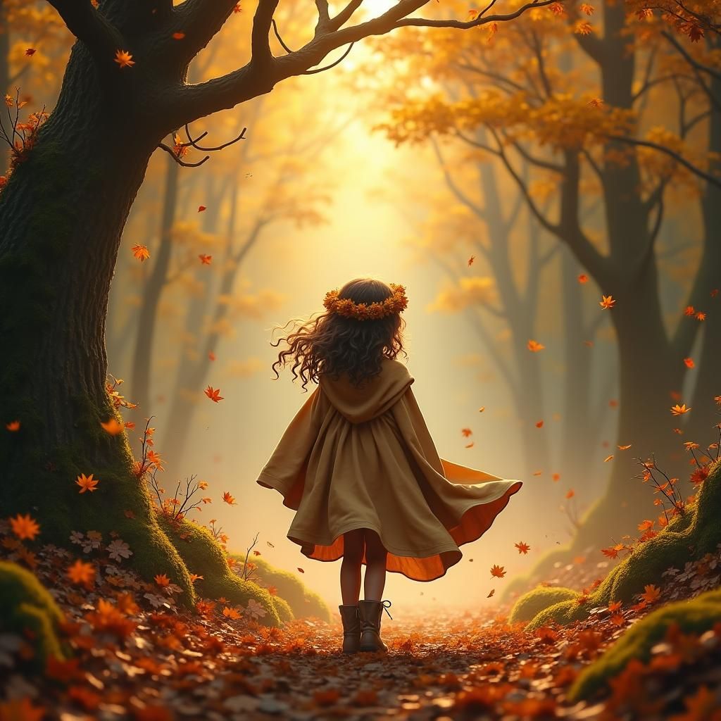 Autumnal Forest Scene with Girl in Clearing